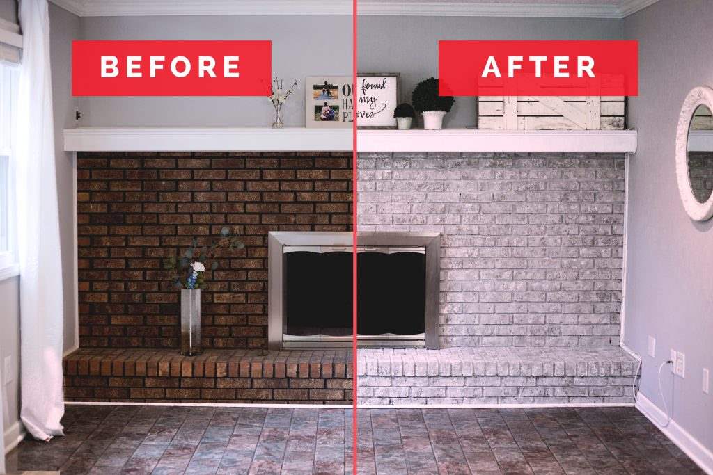 Restored natural red brick fireplace glowing after paint removal and sealing.