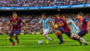 Lionel Messi dribbling past defenders in a packed stadium