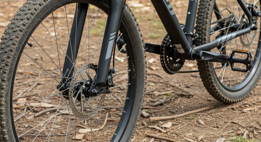 Close-up of a sturdy aluminum frame and knobby tires on a budget hardtail MTB, ready for entry-level adventures.