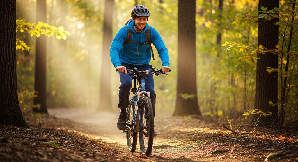 A smiling beginner rider on an affordable mountain bike tackling a sunny forest trail, showcasing easy handling.