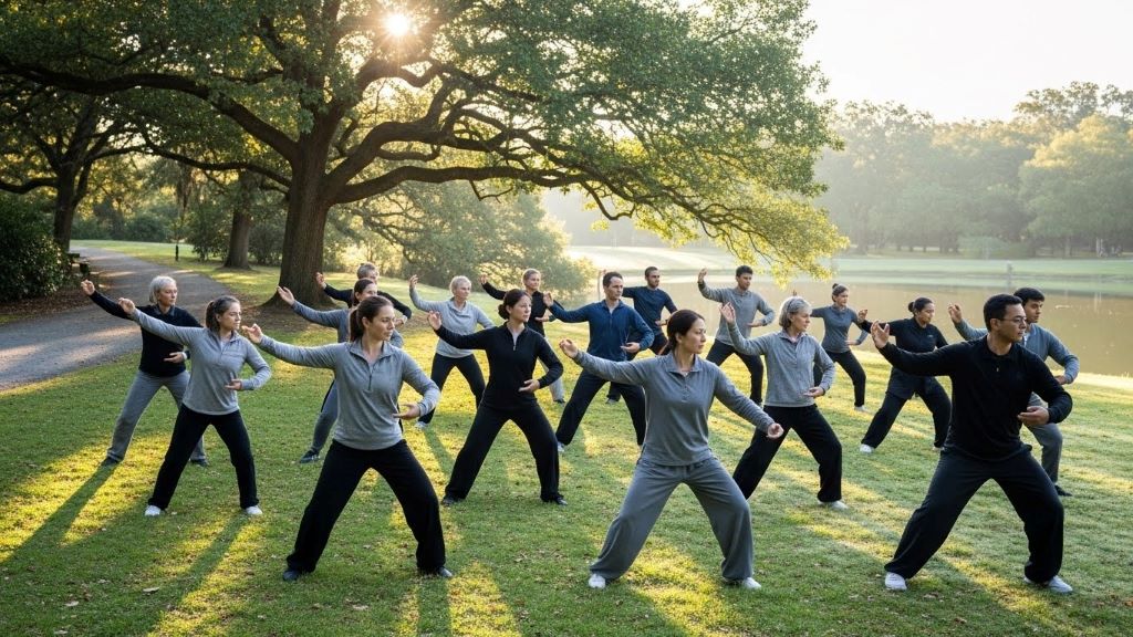 Group practicing tai chi in park showing gentle movement for joint protection and ligament health