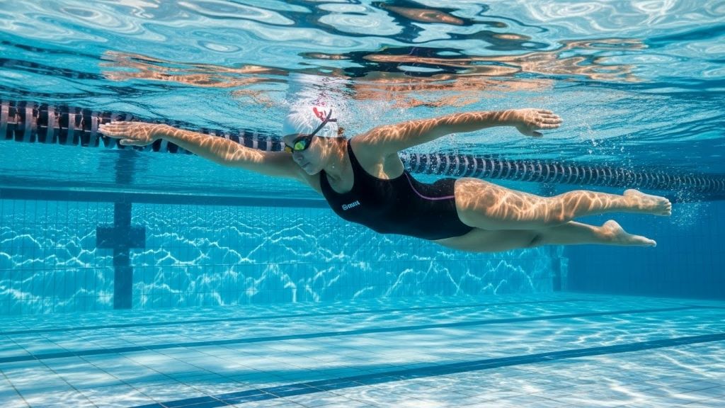 Person swimming freestyle in pool demonstrating low-impact exercise for ligament safety