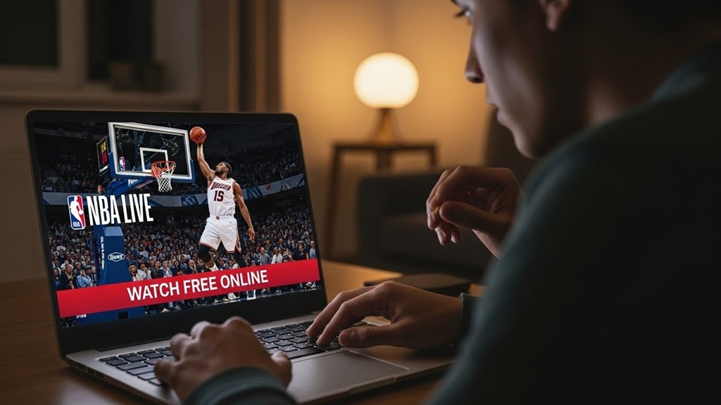 Watching NBA live game on a laptop at home