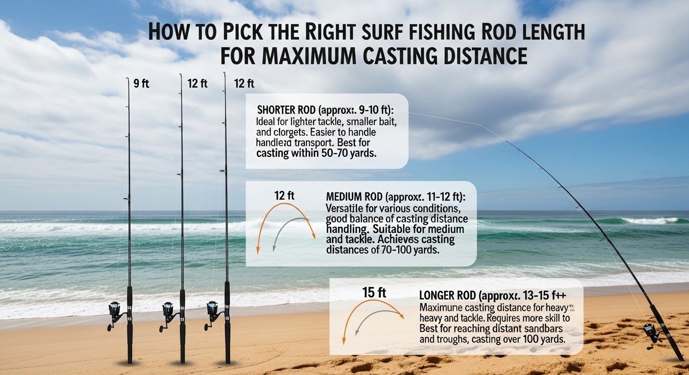Angler comparing 10-foot and 13-foot surf fishing rods on beach to determine optimal length for casting distanc