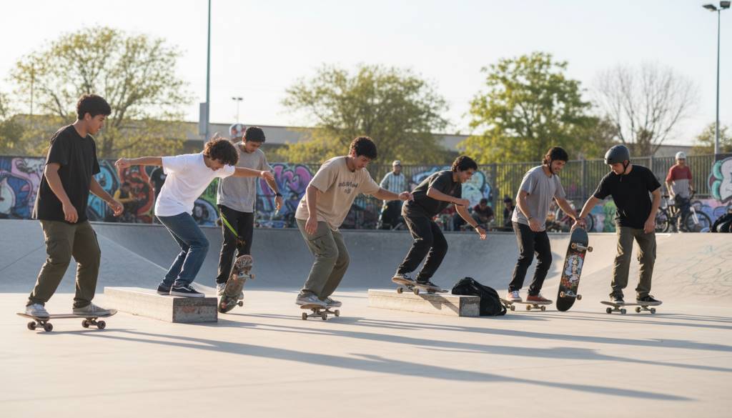 Group of diverse beginners practicing tricks on complete skateboards at a local skatepark