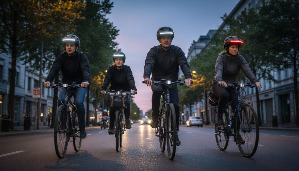 Group of urban commuters wearing certified bike helmets with integrated lights at dusk