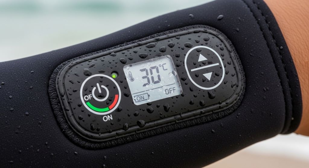 Close-up view of battery heated wetsuit control panel showing temperature settings and power button for cold water surfing gear
