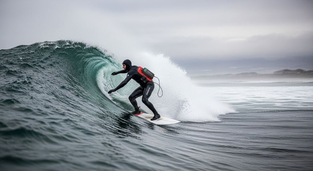 Surfer wearing black heated wetsuit with battery pack riding wave in cold winter ocean water with steam rising