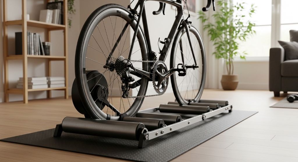 Quiet parabolic drum bike rollers set up on thick rubber mat in apartment with smooth trainer tire for noise reduction