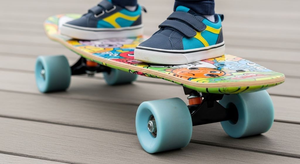 Close-up of small child's feet positioned on wide deck beginner skateboard with soft wheels for stability