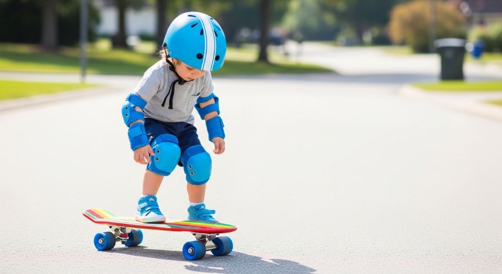 Young child wearing helmet and pads while standing on colorful beginner skateboard on smooth pavement