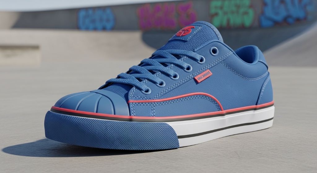 Skateboard shoes showing reinforced toe cap and vulcanized sole construction