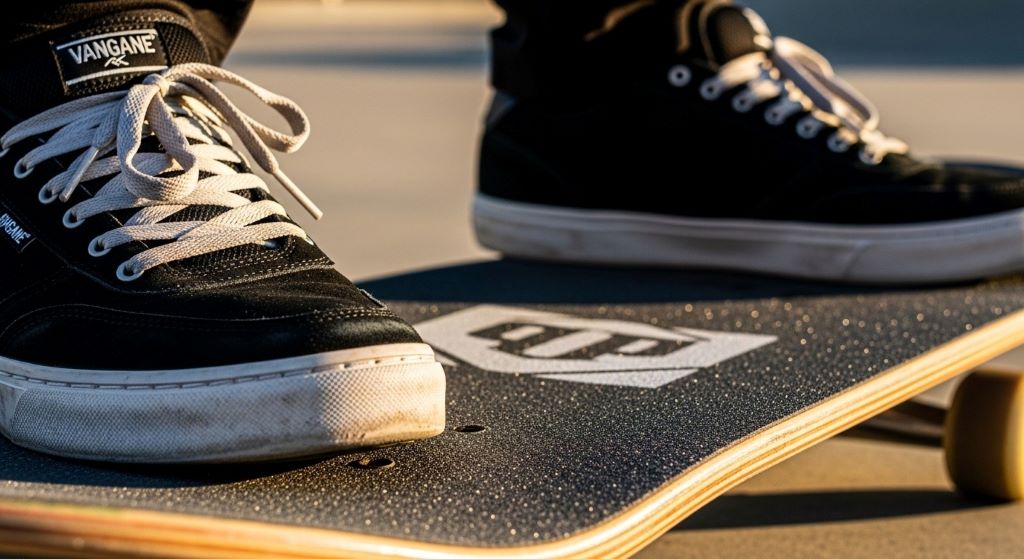 Close-up of skater's feet wearing professional skate shoes on skateboard deck