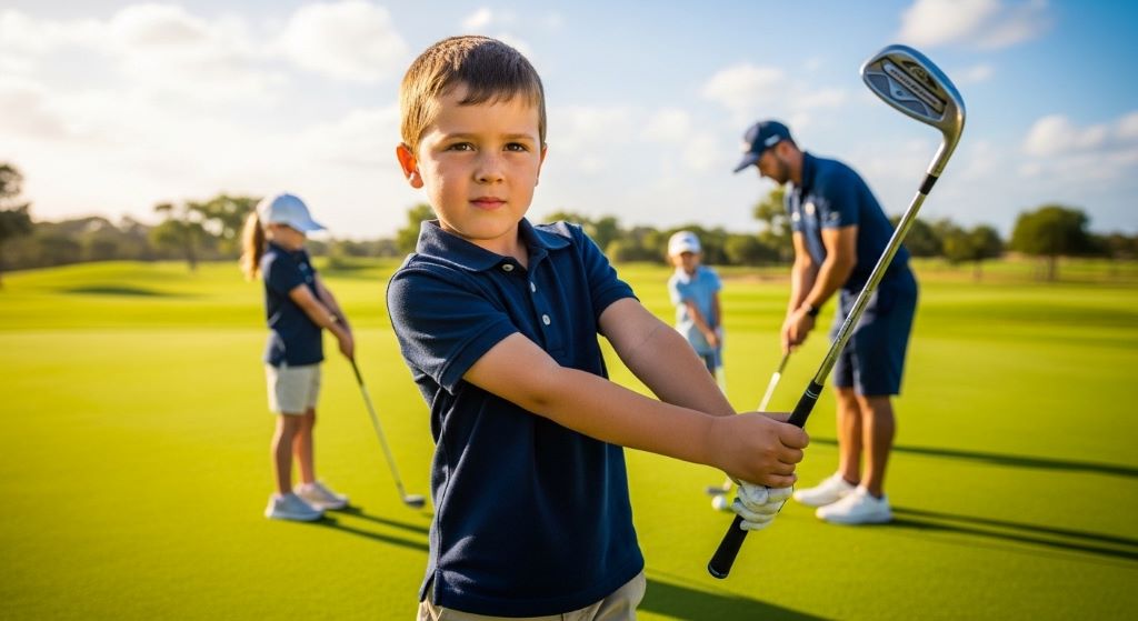 Child holding properly sized junior golf clubs demonstrating correct fit and posture for young beginner golfers learning the game