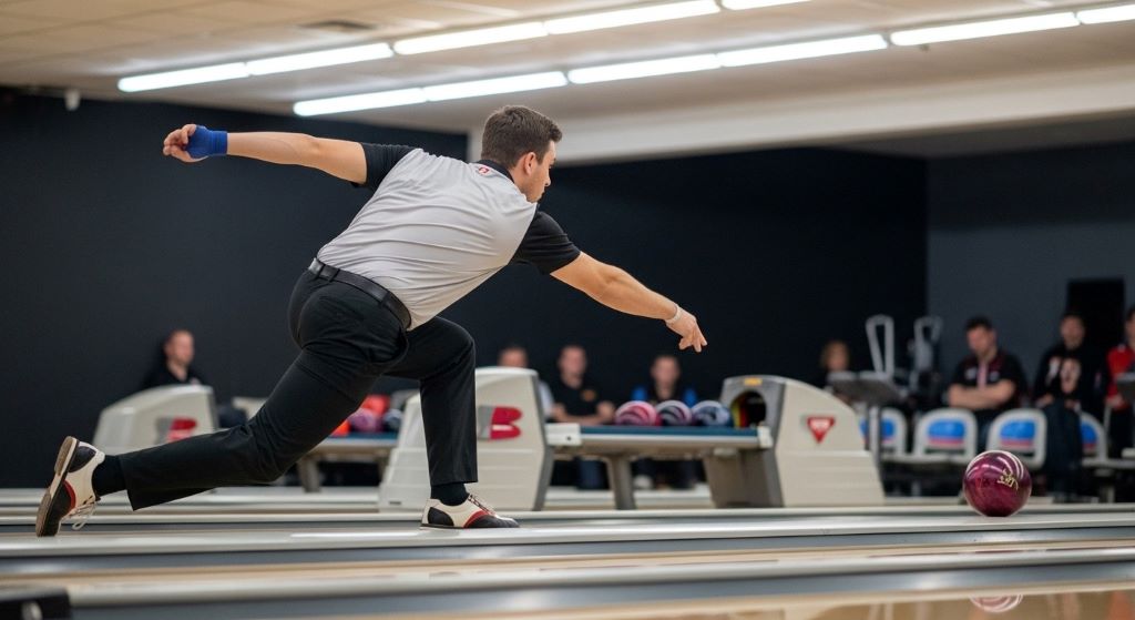 Professional bowler in competitive stance releasing bowling ball down lane during tournament showing athletic form and technique