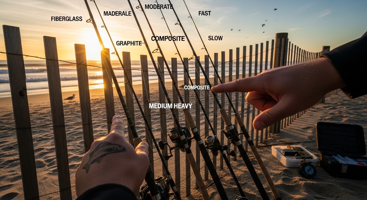 Diagram showing casting arc differences between 11-foot, 13-foot, and 15-foot surf fishing rods with distance measurements