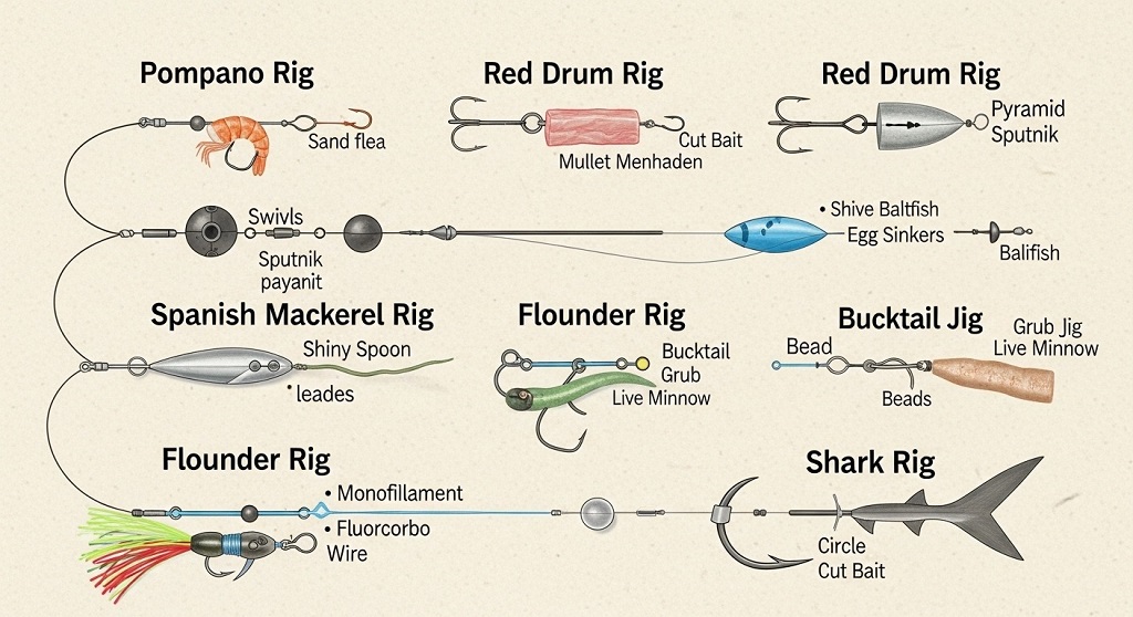 Top surf rigs laid out on beach showing pompano rig with colored beads and fish-finder rig components