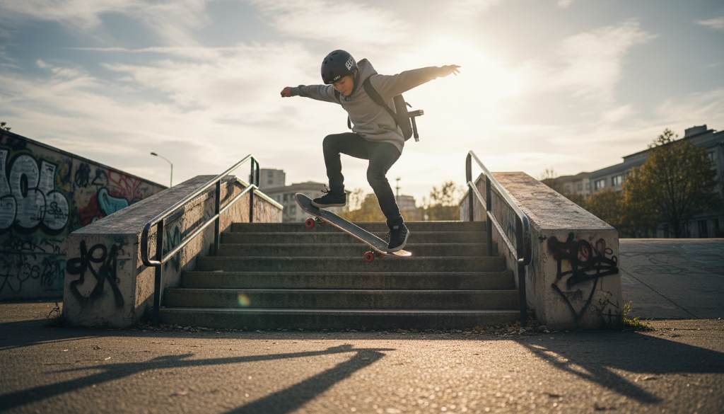 Young skateboarder riding a complete skateboard set down urban stairs with style
