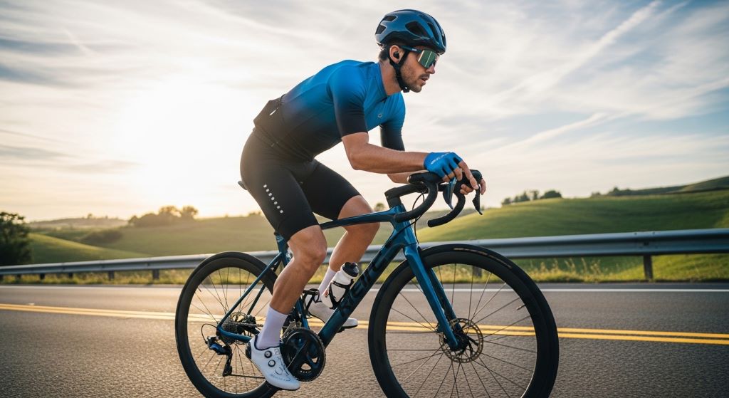 Man wearing modern cycling shorts riding a road bike in 2026