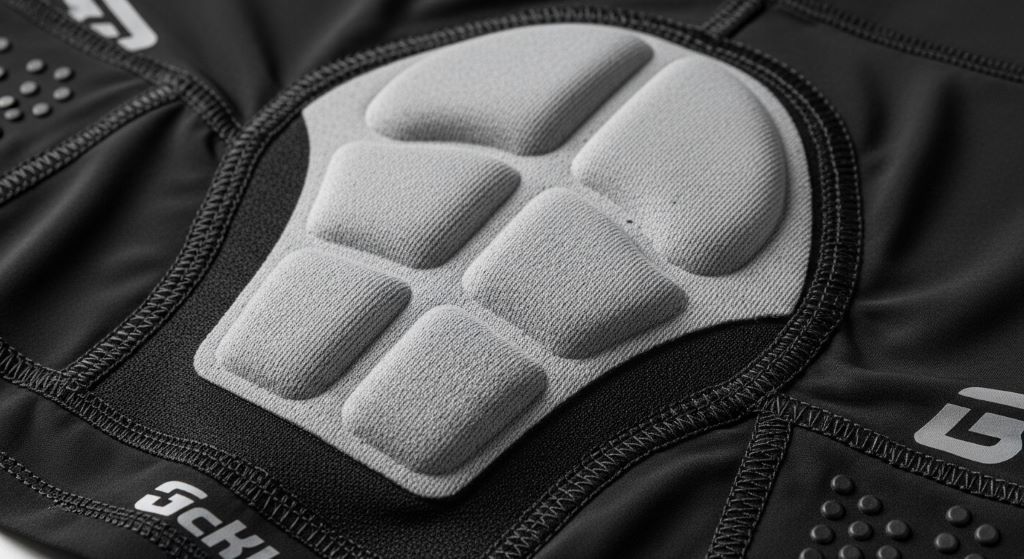 Close-up of padded cycling shorts showing chamois and fabric details