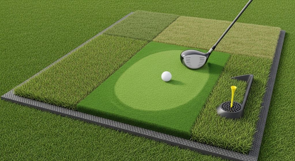 Golf practice mat with realistic turf for indoor simulator use