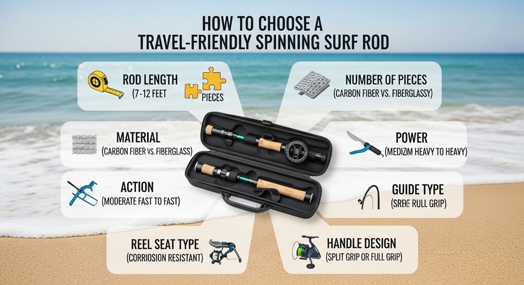 4-piece travel surf rod packed inside carry-on luggage