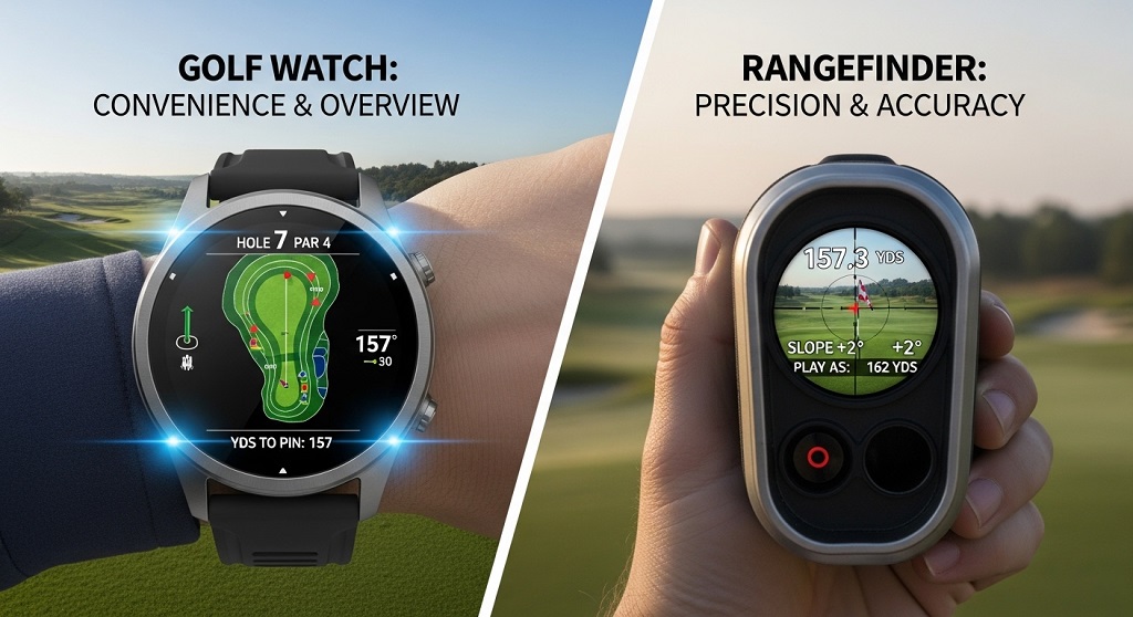 Golfer checking distance using GPS golf watch on fairway