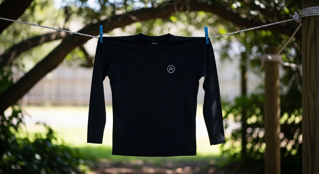 Rash guard laid flat to air dry on a clothesline in a shaded outdoor area