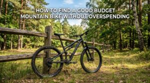 Mountain bike in a sunny forest with budget buying guide text overlay.