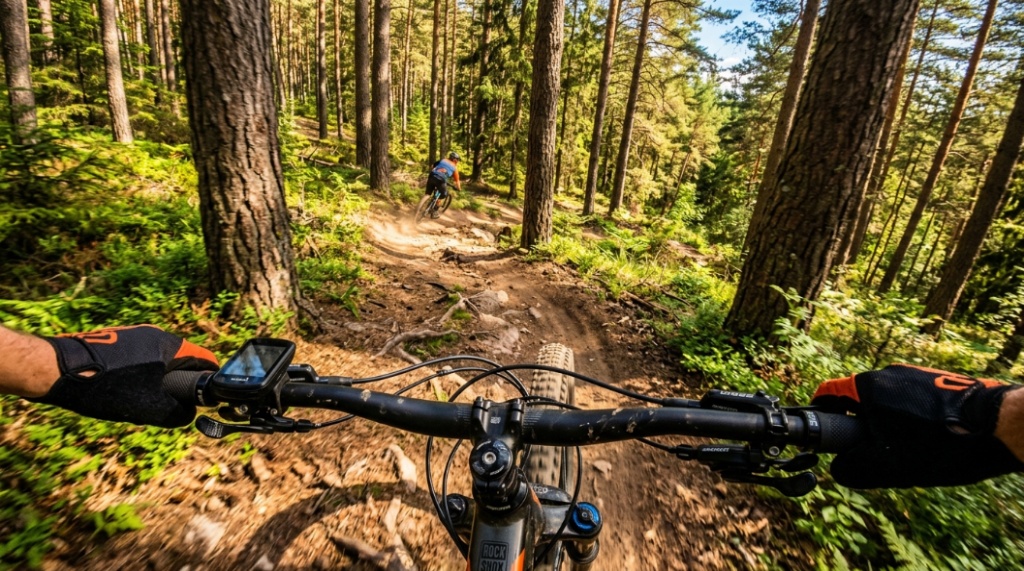 First-person view of a mountain bike handlebar on a dirt forest trail.