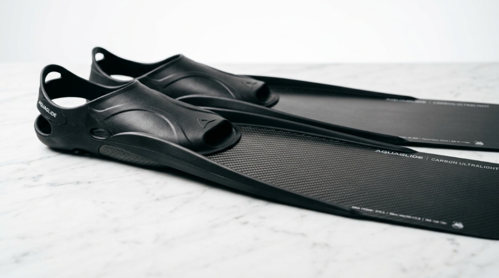 Close-up of lightweight carbon fiber fins showing sleek blade design.