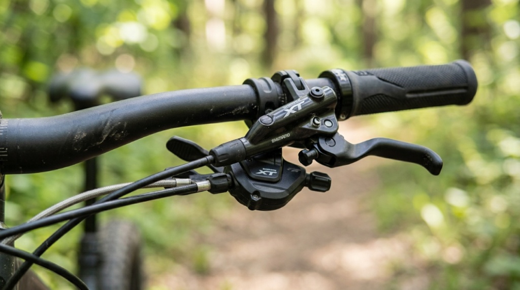 Close-up of mountain bike disc brakes and gears showing component quality.