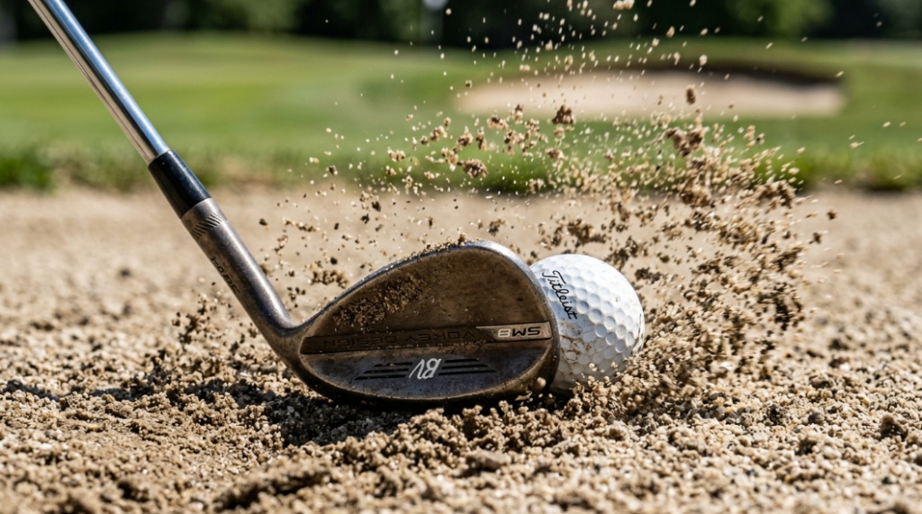 Close-up of a white golf ball on a tee with a blurred green fairway background.