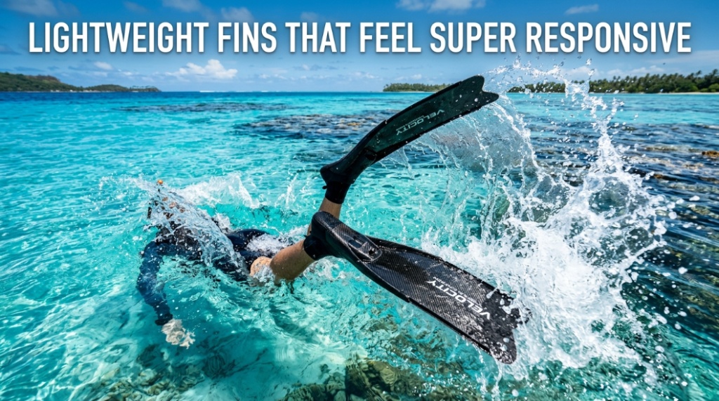 Lightweight responsive fins splashing in clear blue ocean water.