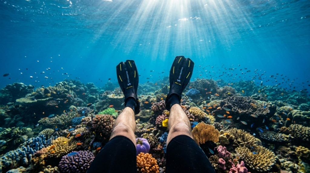 Diver using responsive fins to swim through a tropical coral reef.