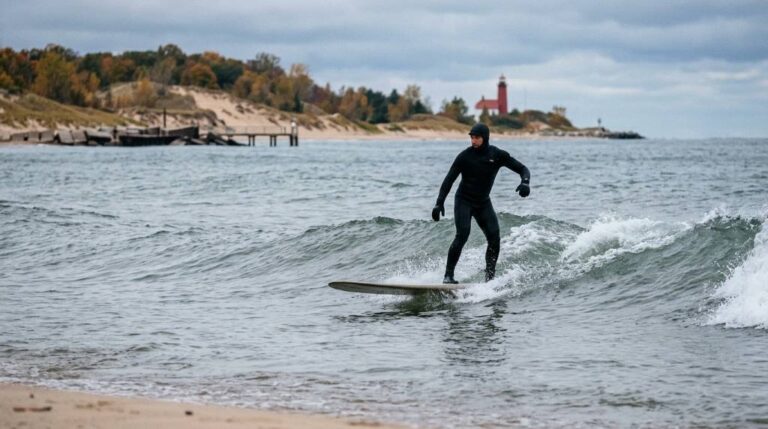 Surfer riding waves on Lake Michigan during autumn