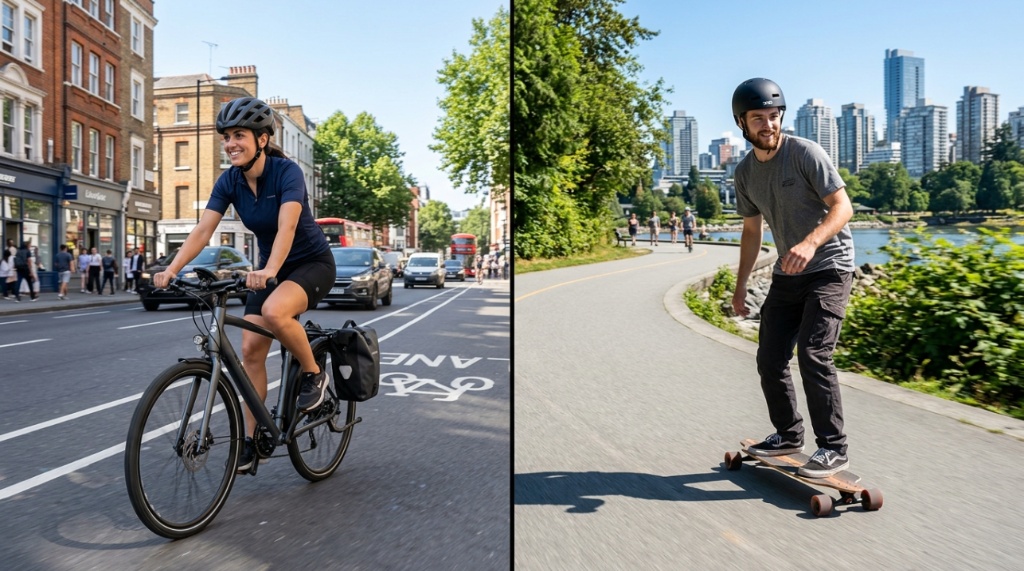 A cyclist and a longboarder wearing protective helmets on a city street.