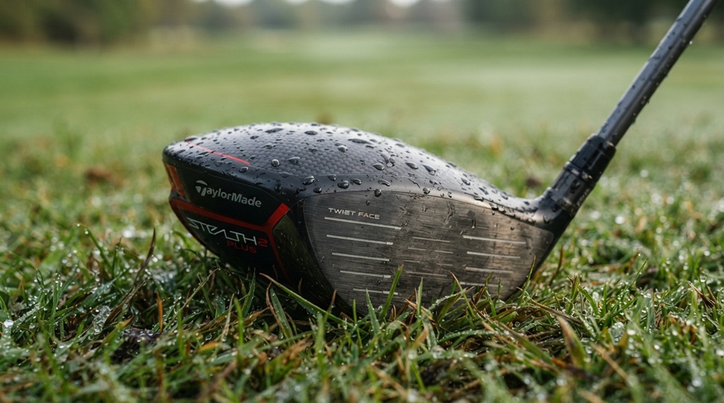 A high-end golf driver clubhead resting on wet green grass with moisture droplets.