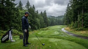 A male golfer on a lush green Washington fairway framed by pine trees under cloudy skies.