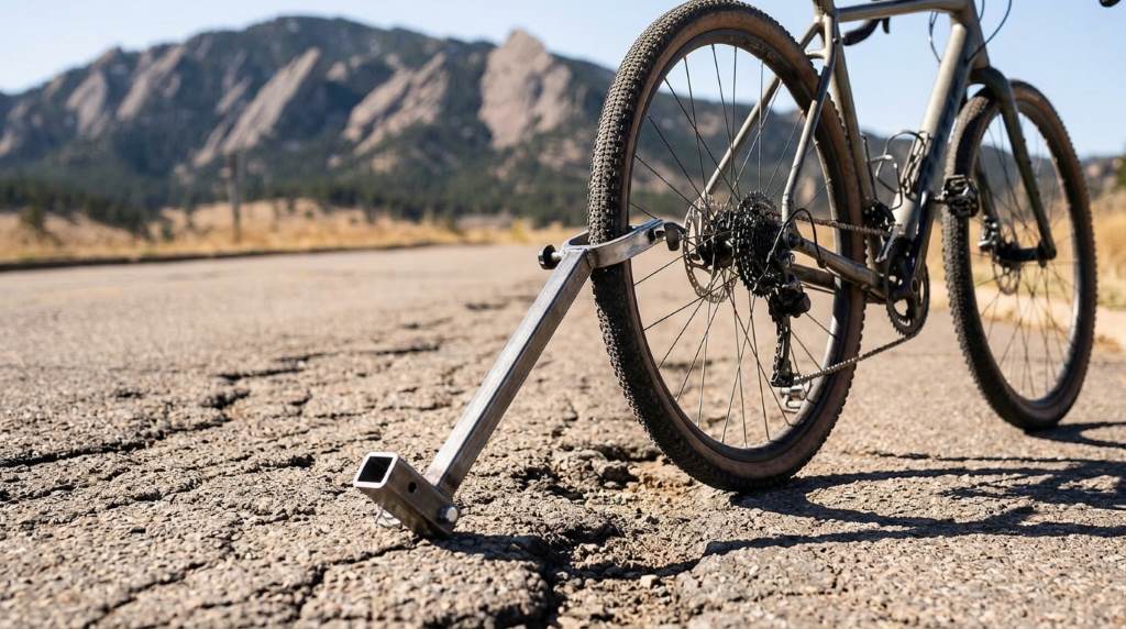 Child bike trailer wheels on cracked pavement