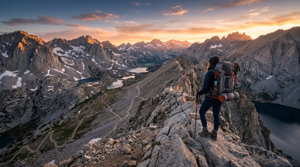 Flat lay of essential backpacking and hiking gear on wood