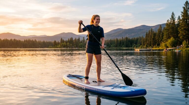Paddleboarder navigating river rapids wearing a safety helmet and life jacket.